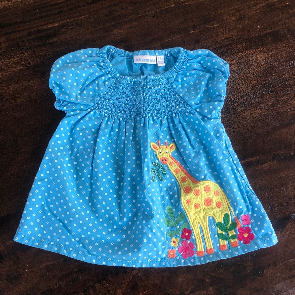 Blue Smocked Giraffe Appliqué Top